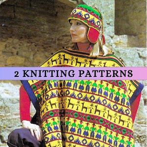 Poncho Knitting Pattern Women Colorwork Mosaic Aztec Print Geometric Motif Earflap Hat Set Retro Hippie Vintage 70s Double Knit DK PDF