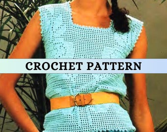 Filet Crochet Top Pattern 80s Vintage Lacy Blouse Chain Floral Pattern for Women Summer Top Sleeveless Square Neck Top Mesh Stitch PDF