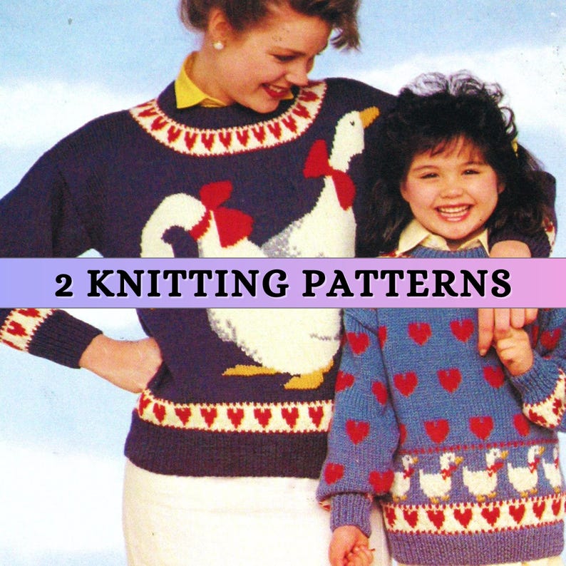 a girl and a woman wearing funny duck knit sweaters and a text that reads as two knitting patterns