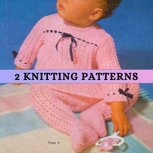May include: Two knitting patterns for a pink baby outfit. The outfit includes a sweater and pants with a lacy design. The pattern is on page 9.