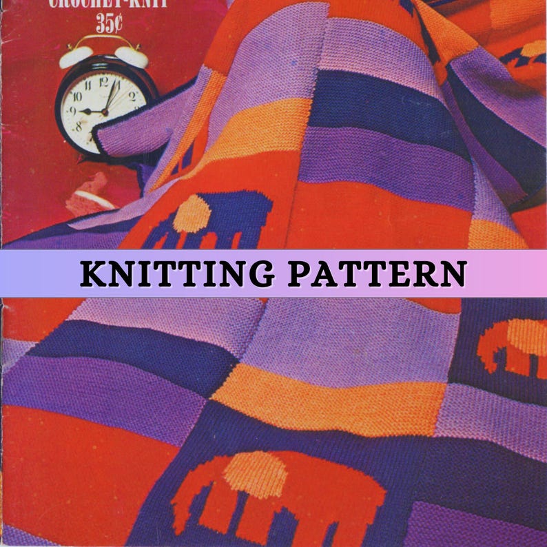 A vibrant patchwork blanket featuring bold, colorful stripes and animal motifs, primarily in purple, red, and orange. This vintage knitting pattern creates a cozy, retro-style blanket ideal for home decor or a statement piece.