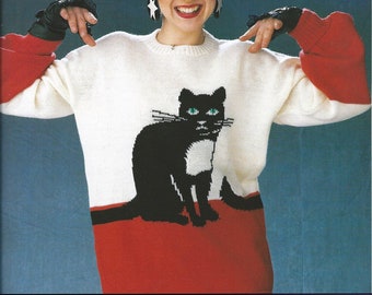 Cat Sweater Pattern Knit Womens Intarsia Knitting Animal Sweater Knitting Pattern Funny Adult Colorwork Crewneck Jumper Pullover 4 ply PDF