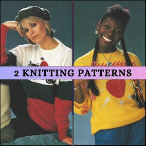 May include: Two knitting patterns for sweaters. The first sweater is white with red, green, and black stripes and a small embroidered design. The second sweater is yellow with a red heart and lightning bolt design.