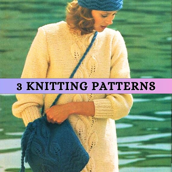 Cable Knit Sweater Dress Pattern 70s Vintage Chunky Jumper Knitting Pattern  Matching Knitted Hat and Bag Floral Motif Tunic Bulky Patons PDF - Etsy