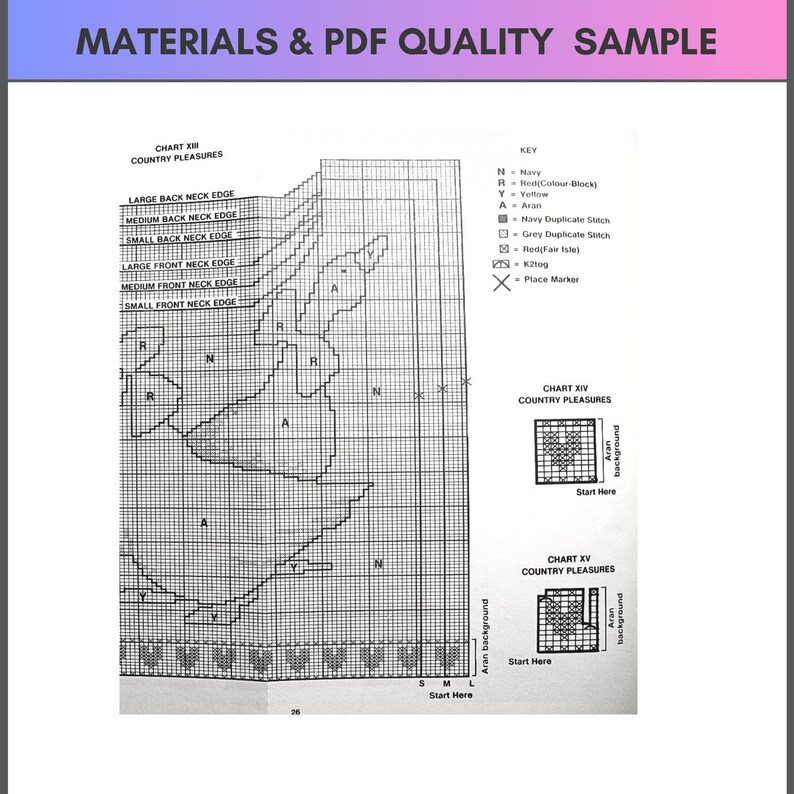 May include: A black and white chart with a grid pattern and text that reads "Chart XI Country Pleasures" and "Chart XIV Country Pleasures". The chart includes a key with abbreviations for different colors and stitches. The chart is a pattern for knitting or crocheting.