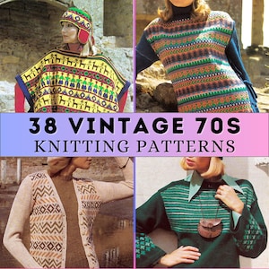 Puede incluir: Una colección de 38 patrones de tejido vintage de los años 70 que presentan suéteres coloridos con diseños geométricos y abstractos. Los patrones incluyen una variedad de estilos, desde cárdigans hasta jerséis y chalecos.