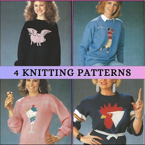 Colorwork Sweater Knitting Pattern Chicken Funny Womens Intarsia Easy Knit Animal 80s Vintage Swagger Crewneck Jumper Pullover 4 ply PDF