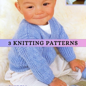 May include: A blue knitted baby sweater with a V-neck and long sleeves. The sweater is shown on a baby sitting down. The text "3 Knitting Patterns" is displayed on a pink and white banner.