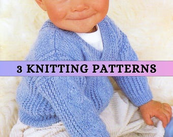 Baby Boy Jumper Knitting Pattern Newborn Textured V neck Sweater Long Sleeve Ribbed Pullover Pattern 4 ply Patons Digital Download PDF