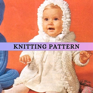 May include: A baby wearing a white knitted hooded coat and dress, with the text "KNITTING PATTERN" across the image. The coat has a textured, looped design. The background is a solid orange color.