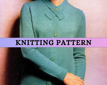 Simple Cardigan Knitting Pattern Womens Vintage 60s Easy Plain Knit Stockinette Stitch Collared Sweater Jacket Fingering 4 ply Patons PDF