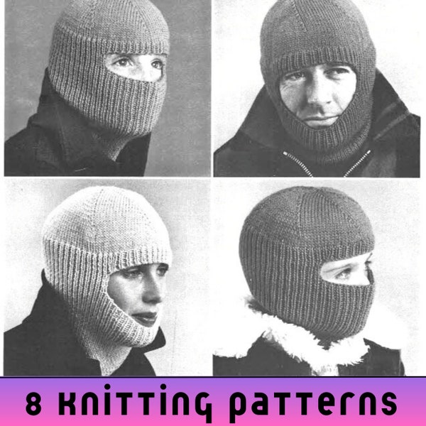 Family Balaclava Knitting Pattern, Child Balaclava Helmet, Vintage 70s Knit Winter Hat Pattern Men Women Chunky DK - Printable PDF