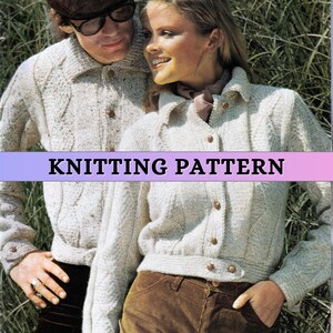 May include: A vintage knitting pattern featuring two people wearing matching cream-colored cable-knit cardigans with brown buttons. The text "KNITTING PATTERN" is displayed across the image. The background is a natural outdoor setting.