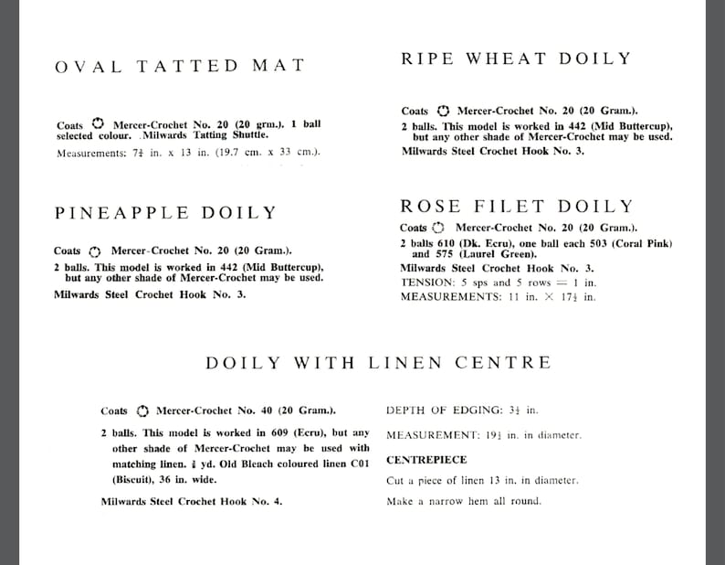 Op de afbeelding: Een vintage haakpatroon gids voor het maken van ovale, ananas, roos filet en doily met linnen centrum ontwerpen. De gids bevat instructies voor materialen, afmetingen en haaknaald maten.