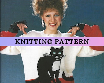 Cat Sweater Pattern Knit Womens Intarsia Animal Sweater Knitting Pattern Funny Adult Colorwork Crewneck Jumper Pullover Colorblock 4 ply PDF
