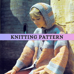 May include: A knitted hooded cardigan in shades of gray, orange, and blue. The cardigan has a button-up front and is made with a textured stitch. The image includes the text "KNITTING PATTERN" across the center.