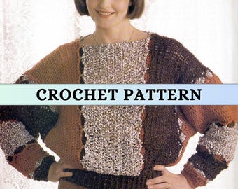 May include: A crochet pattern for a color-blocked sweater. The sweater features a mix of brown, tan, and silver yarn. The text "CROCHET PATTERN" is displayed across the image. The sweater has a boxy shape and long sleeves.