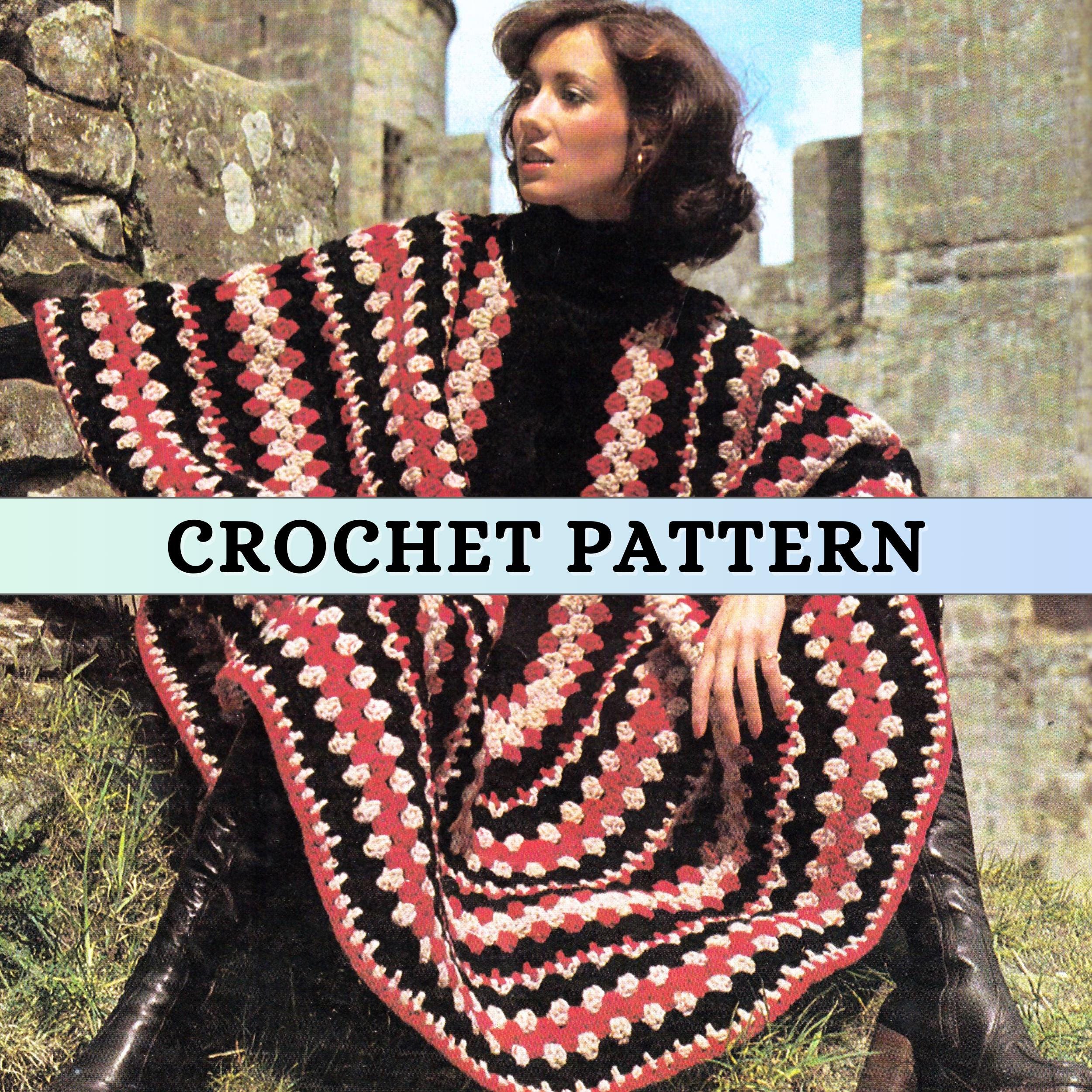 Poncho Crochet Pattern Women Easy Colorwork Boho Cape Hippie Festival Cover up Buttons Retro Vintage 70s Granny Chunky...
