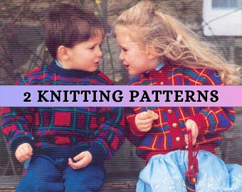 Child Cardigan Knitting Pattern Boy Girl Double Knit Unisex Kids Jumper Easy Colorwork Geometric Boy Checked Sweater Colour Block Patons PDF