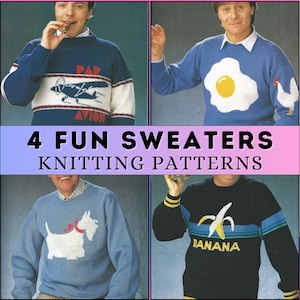 Men Fun Knitting Pattern Ugly Dog Sweater Intarsia Easy Knit Colorwork Animal 80s Vintage Swagger Sweater Crewneck Jumper Pullover 4 ply PDF