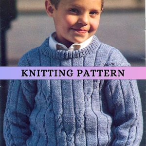 May include: Knitting pattern for a blue cable knit sweater. The pattern includes instructions for creating the cable design.
