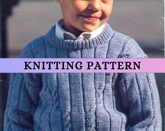 Boy Aran Sweater Knitting Pattern Childrens Knitting Patterns Kids Knitted Smart Casual Jumper Round Neck Pullover Textured Rib DK PDF