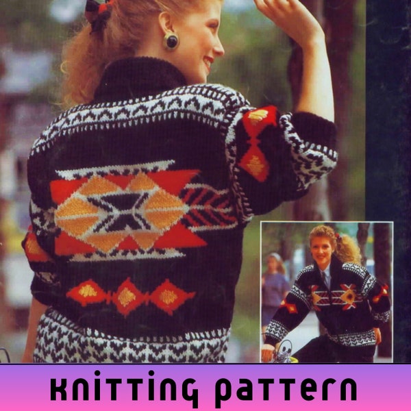 Vintage Chunky Knit Cardigan Pattern, 80s Womens Cardigan Knitting , Colorwork Geometric Pattern Knitted Bulky Jacket Pattern PDF