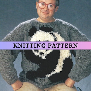 May include: Knitting pattern for a gray sweater with a black and white panda design. The pattern includes instructions for knitting the sweater and the panda design.
