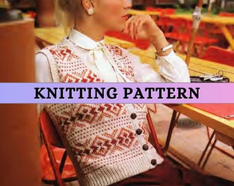 Fair Isle Vest Women Knitting Pattern Sleeveless Cardigan Waistcoast Classic 80s Vintage Christmas Retro Colorwork V neck Doukle Knit DK PDF