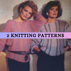 Könnte beinhalten: Zwei Strickmuster für Pullover. Ein Pullover ist rosa mit einem gestreiften Muster und der andere ist helllila mit einem gestreiften Muster.