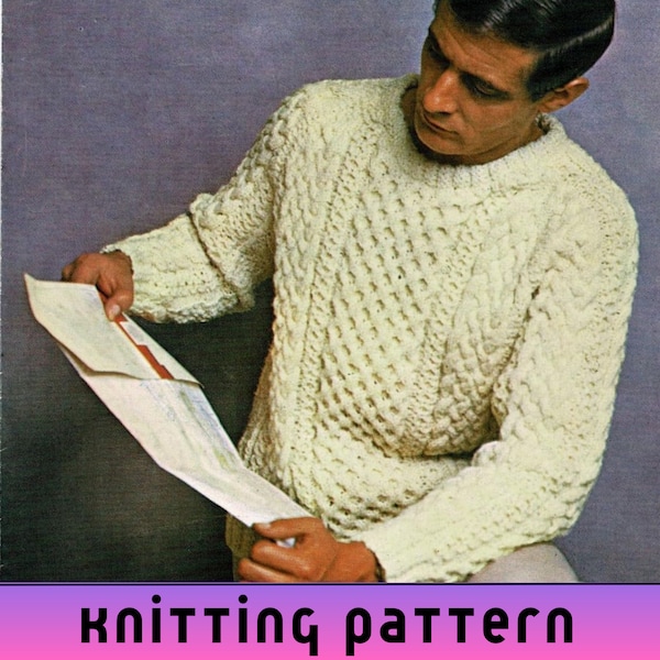 DK Mens Aran Sweater Knitting Patterns PDF, Crew Neck Pullover, Vintage Double Knitting Jumper Patterns for Men,
