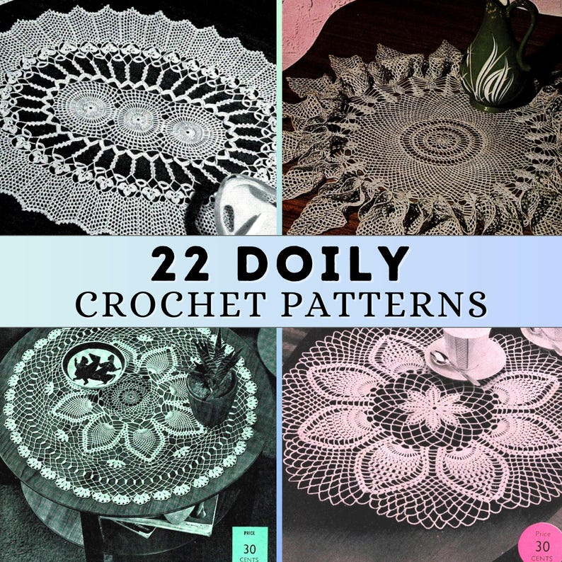 A collage of four vintage crochet doilies in different intricate designs, displayed on tables with cups, vases, and decorative items highlighting the delicate lacework.