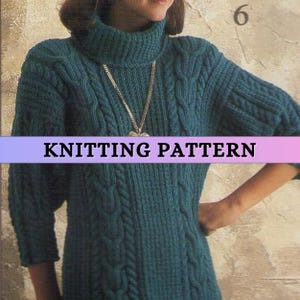 Women Aran Sweater Knitting Pattern Tunic Rolled Neck Polo Jumper Worsted Weight Turtleneck Cable Rib Autumn Winter Classic Pullover PDF