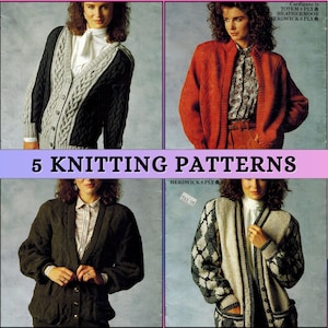 May include: Five knitting patterns for cardigans using Herdwick 8 ply yarn. The patterns feature different stitch designs and colours, including a grey and black cardigan, a red cardigan, a green cardigan, and two grey and white cardigans.