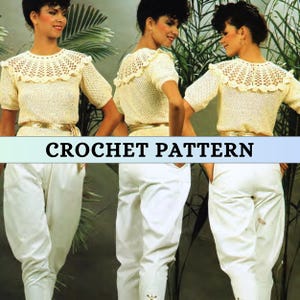 May include: A crochet pattern for a yellow crocheted top with a lacy neckline. The model is wearing white pants.