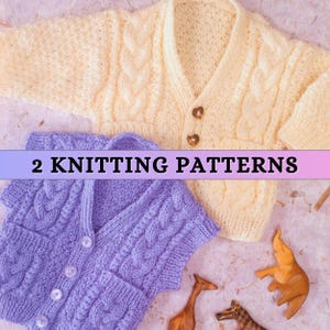 Baby Boy Aran Knitting Pattern Cardigan Newborn DK Cable Double Knit Waistcoat Toddler Classic Knitted V neck Pockets Button Vest Patons PDF
