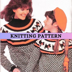 Round Yoke Sweater Knitting Pattern Womens Jumper Motif Colorwork Mother Daughter Matching Pullover Girl High Neck Worsted Weight Patons PDF