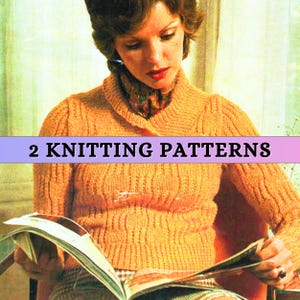 Puede incluir: Una mujer lleva un suéter naranja tejido con un patrón de punto de cable y está leyendo una revista. La portada de la revista tiene el texto "2 Knitting Patterns".