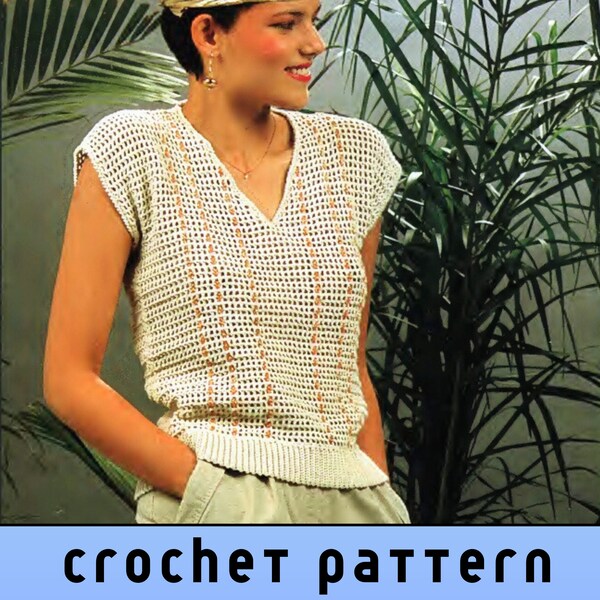 80s Vintage Filet Mesh Top Crochet Pattern PDF, Lacy Blouse, Crochet Chain Pattern for Women, Summer Top Crochet, Short Sleeve V Neck Tee