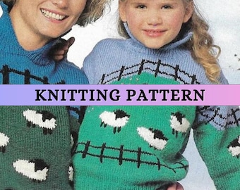 Children Sweater Knit Pattern Intarsia Fun Knitting Patterns Girl Boy Winter Sheep Sweater Pattern Colorwork Jumper Worsted Patons PDF