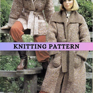 May include: Image of a woman wearing a brown and beige knitted coat with a matching belt. The coat has large pockets and a shawl collar. The text "KNITTING PATTERN" is displayed across the bottom of the image.