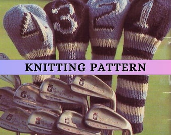 Golf Club Cover Knitting Pattern Knitted Golf Head Covers Pattern Easy Beginner DK Wool Retro Vintage 70s Double Knit Striped Printable PDF