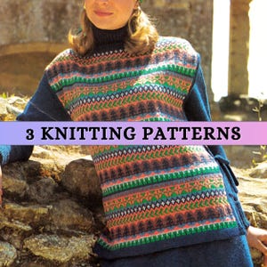 May include: A blue sweater with a colorful geometric pattern. The sweater has a high neck and is made with a knit stitch. The text "3 Knitting Patterns" is displayed on a purple banner.