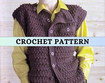 Easy Waistcoat Crochet Pattern Women Bodywarmer Vest Simple Retro Vintage 80s Classic Sleeveless Cardigan Button Gilet Worsted Plus Size PDF