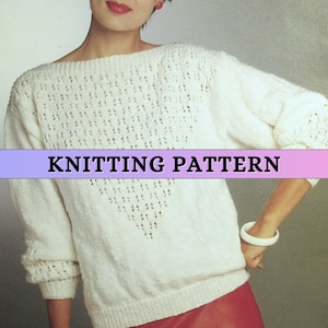 Boat Neck Sweater Knitting Pattern Eyelet Yoke Summer Fall Double Knit Jumper Women Ladies Vintage 80s DK Pullover 8 ply PDF