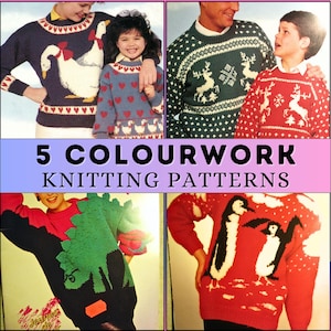 Intarsia Knitting Pattern Colorwork Sweater Women Chunky Jumper 80s Retro Bulky Round Neck Pullover Autumn Family Patons Booklet Bundle PDF