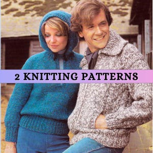 Puede incluir: Imagen de dos personas con suéteres de punto. Una persona lleva un suéter con capucha turquesa y la otra un suéter con cremallera moteado gris y blanco. El texto "2 KNITTING PATTERNS" está en la parte inferior de la imagen.