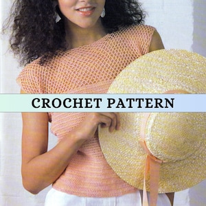 May include: A peach-coloured crochet top with a mesh design. The image also features a straw hat with a peach-coloured ribbon. The text "CROCHET PATTERN" is displayed across the image.