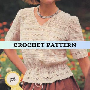 Crochet V Neck Top Pattern Lace Weight Blouse Short Sleeve Spring Tee Summer Tee Shirt Cord Tie Crochet Pattern Women 80s Vintage Boho PDF