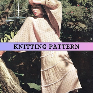 May include: A vintage knitting pattern featuring a woman wearing a beige knitted dress and cape. The dress has a tiered skirt with a textured pattern, and the cape has wide sleeves. The text "KNITTING PATTERN" is displayed across the image.